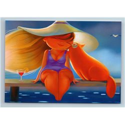 GIRL in Hat and RED CAT relax on Beach Sea Coast Vacation Russian New Postcard