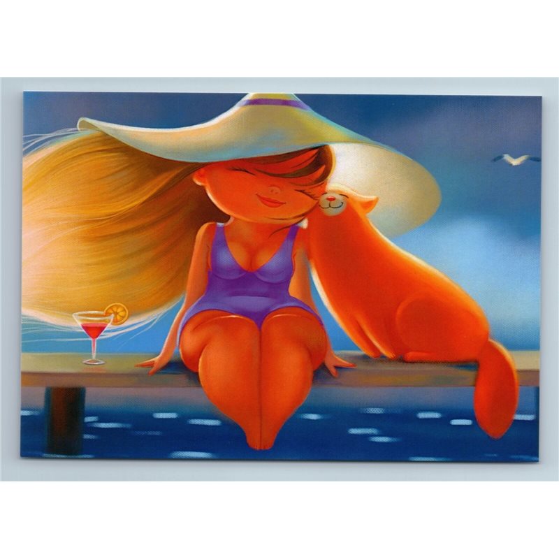 GIRL in Hat and RED CAT relax on Beach Sea Coast Vacation Russian New Postcard