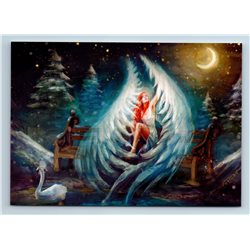 WOMAN ANGEL in Night Park Swan Lake Moon FANTASY Russian New Postcard