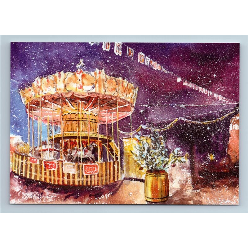 Happy Merry-Go-Round in amusement park Christmas CAROUSEL Russian New Postcard