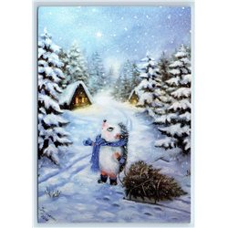 CUTE HEDGEHOG with Christmas Tree in Winter Snow Forest New Postcard