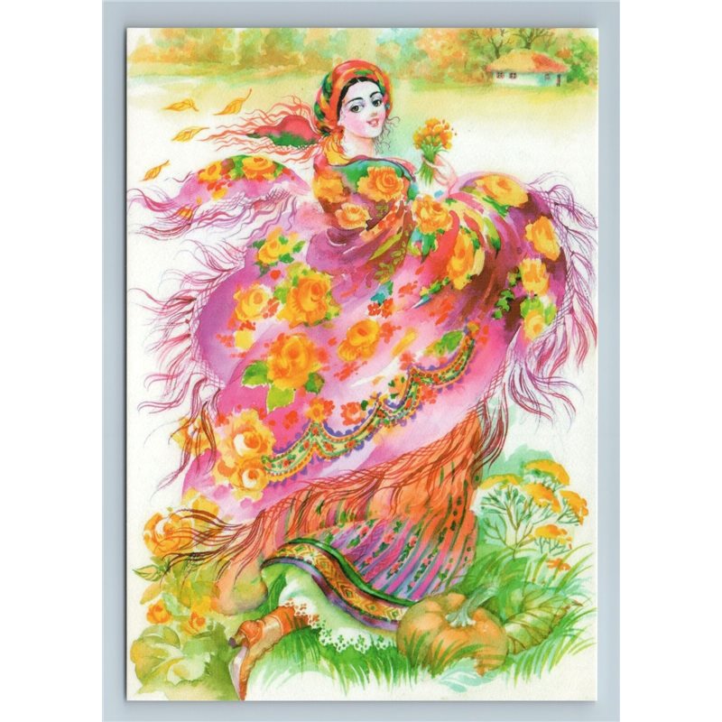 RUSSIAN BEAUTY LADY in Folk Ethnic Shawl Garden Pumpkin New Unposted Postcard