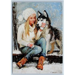 PRETTY LITTLE GIRL n HUSKY DOG Snow Winter Friends Russian New Postcard