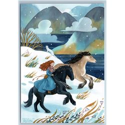 LITTLE GIRL on Horse Arctic fox in Polar Far North Landscape Russian New Postcard