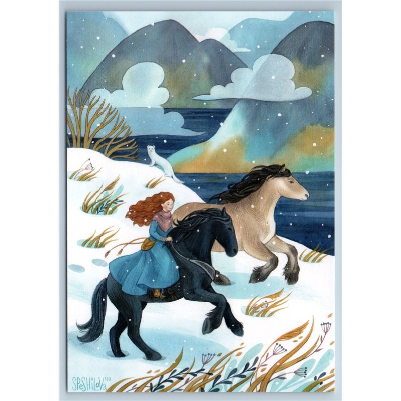 LITTLE GIRL on Horse Arctic fox in Polar Far North Landscape Russian New Postcard