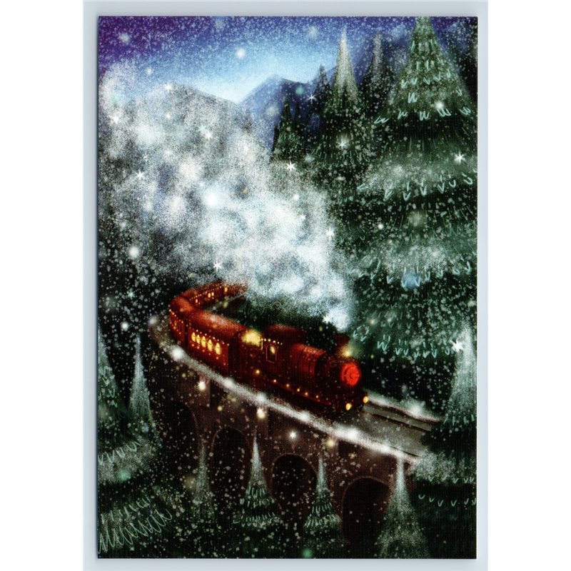 TRAIN on Bridge in Snow Winter Forest Railroad Xmas Railway Russian New Postcard