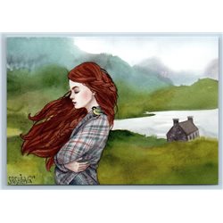 PRETTY GIRL w/ Long Hair and Bird WIND Field Landscape Lake Russian New Postcard