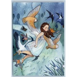 PRETTY LITTLE GIRL OWLS Swallows Birds TO FLY Fantasy Dream Russian New Postcard