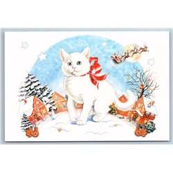 WHITE CAT in Snow Winter City XMAS EVE Santa CLAUS Village Russian NEW postcard