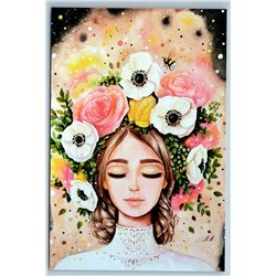 PRETTY WOMAN with wreath of flowers Summer Dream Fantasy Russian NEW Postcard