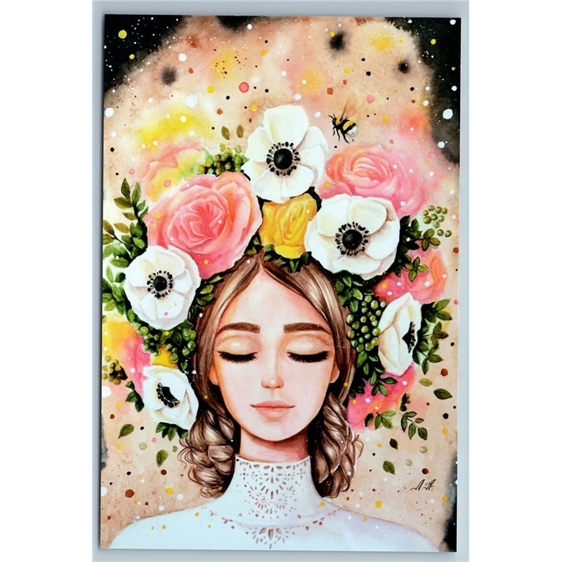 PRETTY WOMAN with wreath of flowers Summer Dream Fantasy Russian NEW Postcard