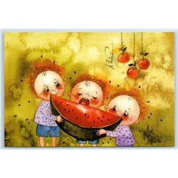 Funny LITTLE KIDS eat WATERMELON Summer Harvest Russian New Postcard