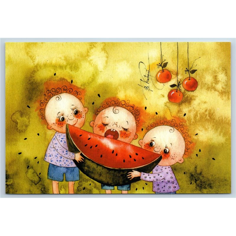 Funny LITTLE KIDS eat WATERMELON Summer Harvest Russian New Postcard