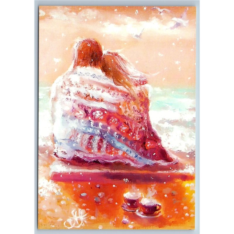 MAN WOMAN COUPLE IN LOVE near SEA Seascape Tea Cup New Unposted Postcard