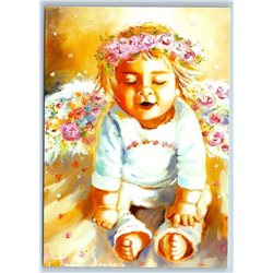 SO CUTE LITTLE BABY with Flowers Wreath and Wings New Unposted Postcard