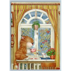 FUNNY CAT with Mouse Tea Cup Rainy Day BIRD Book Window New Unposted Postcard