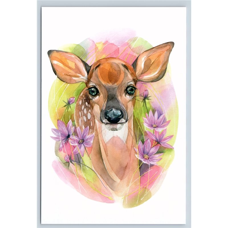 DEER FAWN in Flowers Forest Animal So cute Unusual Graphic New Unposted Postcard