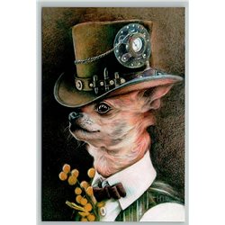 FUNNY DOG Toy Terrier Fall in Love Steampunk Clock Hat New Unposted Postcard