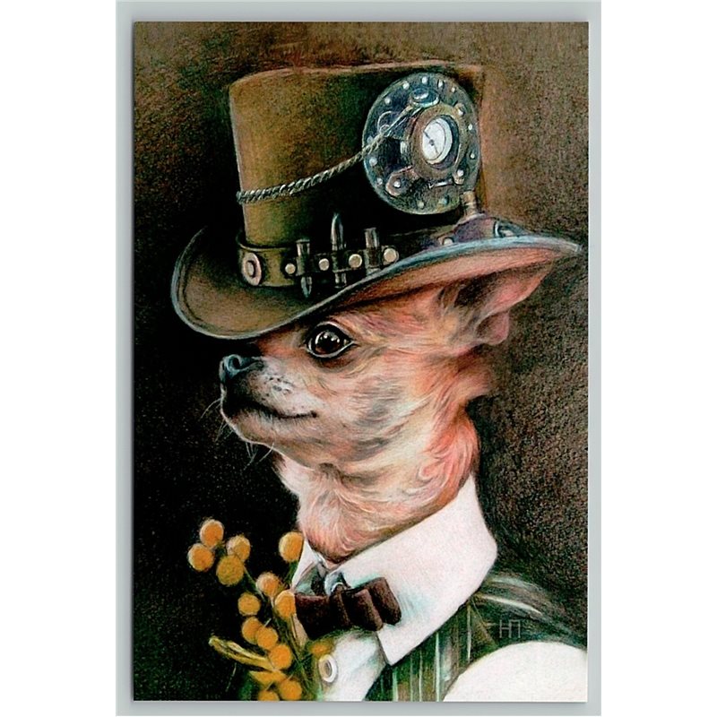 FUNNY DOG Toy Terrier Fall in Love Steampunk Clock Hat New Unposted Postcard