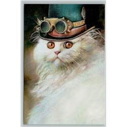 CUTE WHITE CAT with Sunglasses Tall Hat Steampunk Unusual New Unposted Postcard