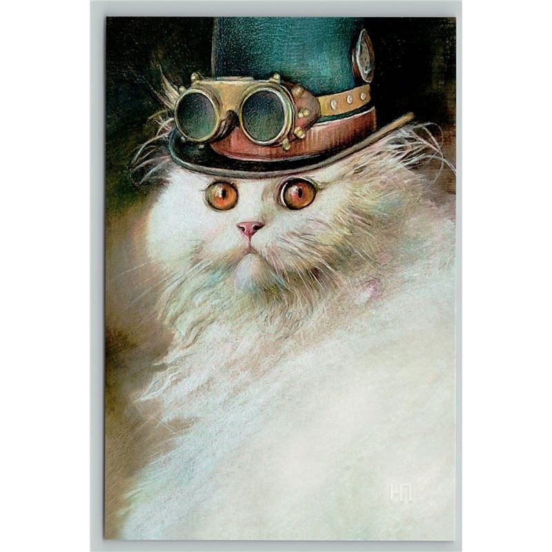 CUTE WHITE CAT with Sunglasses Tall Hat Steampunk Unusual New Unposted Postcard