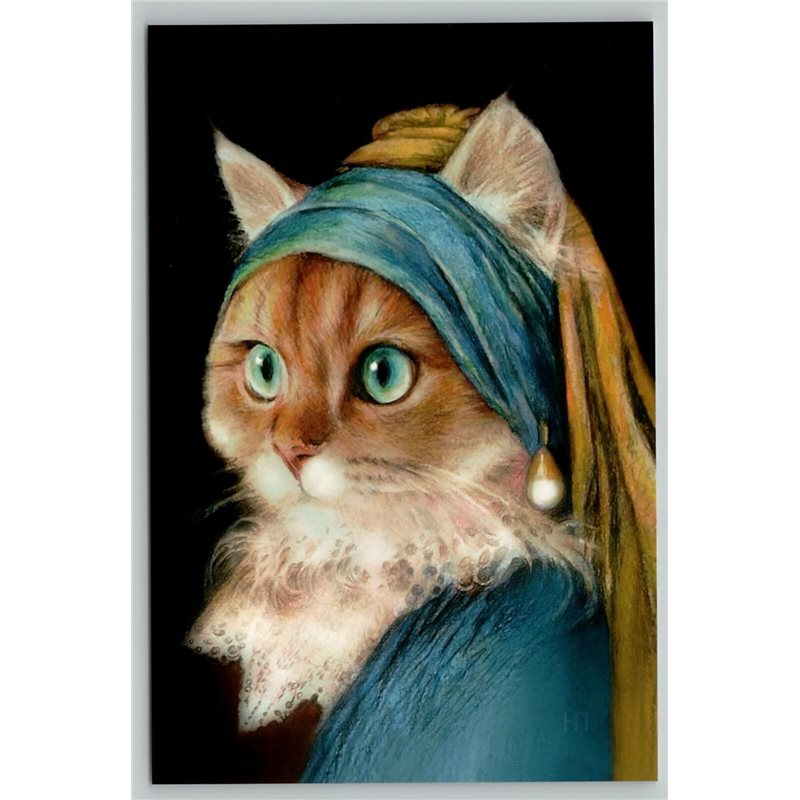 CUTE CAT with a Pearl Earring Blue Dress ART Lady Cat New Unposted Postcard