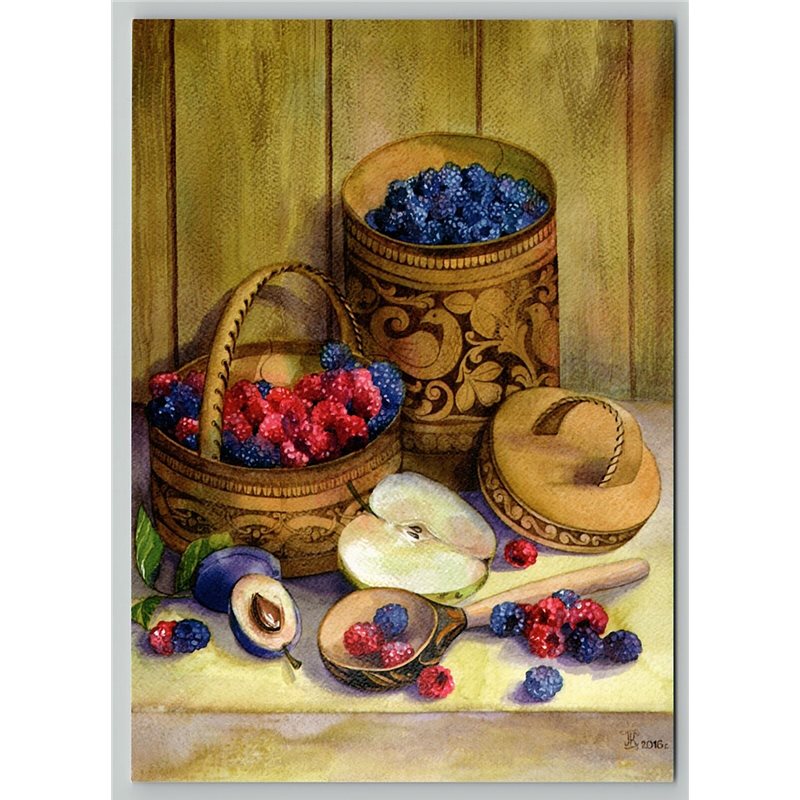 YUM-YUM raspberry blackberry Wooden Box in Russia Style Ethnic New Postcard