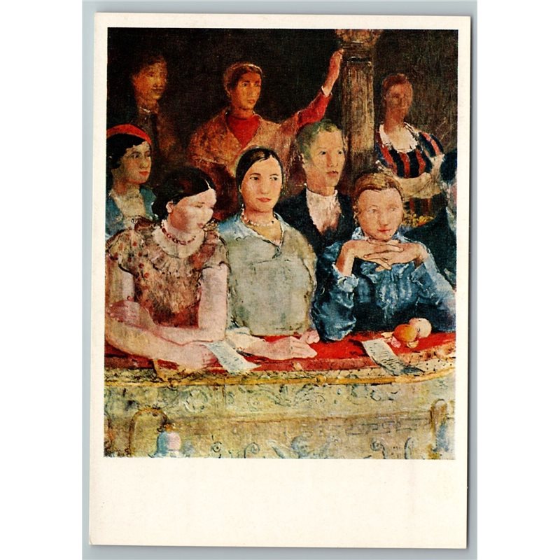 1974 PRETTY WOMEN Man in Theater Socialist Realism by Pimonenko USSR Postcard