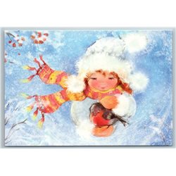 LOVELY LITTLE GIRL and BULLFINCH Bird Snow Winter by Babok Russian New Postcard