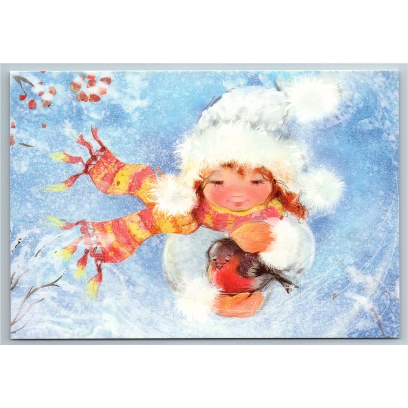 LOVELY LITTLE GIRL and BULLFINCH Bird Snow Winter by Babok Russian New Postcard