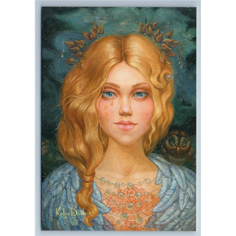 PRETTY GIRL with Long Hair SOUL Mehandi Owl Bird by Dudnik Russian New Postcard