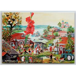 RUSSIAN PEASANT CITY People Church River Farm GLADIOLUS New Unposted Postcard