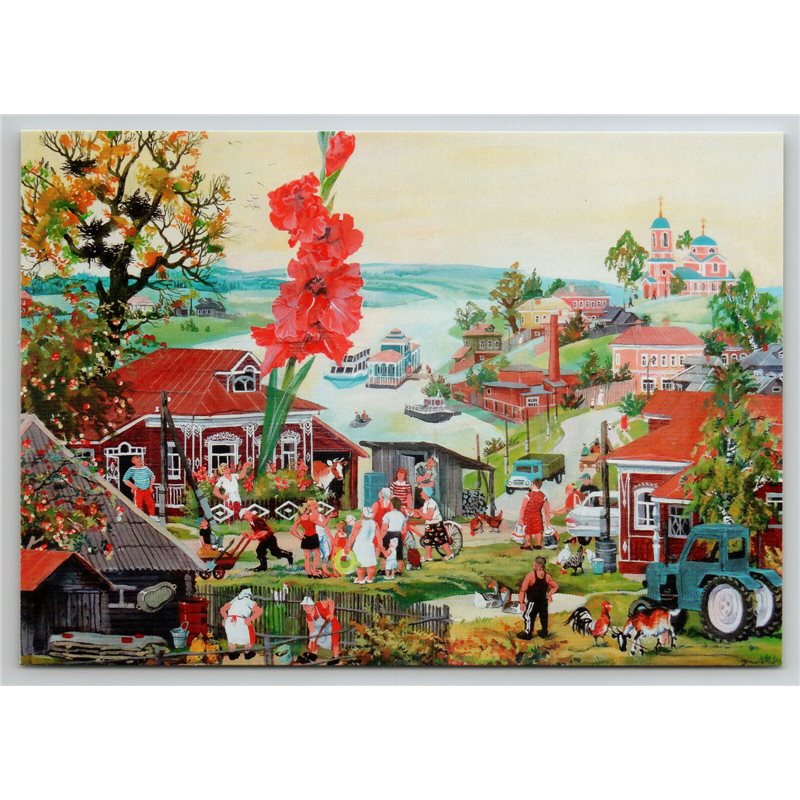 RUSSIAN PEASANT CITY People Church River Farm GLADIOLUS New Unposted Postcard