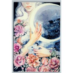 WOMAN catch Hald Moon Starry Sky Fantasy Flowers Moonlight Russian New Postcard