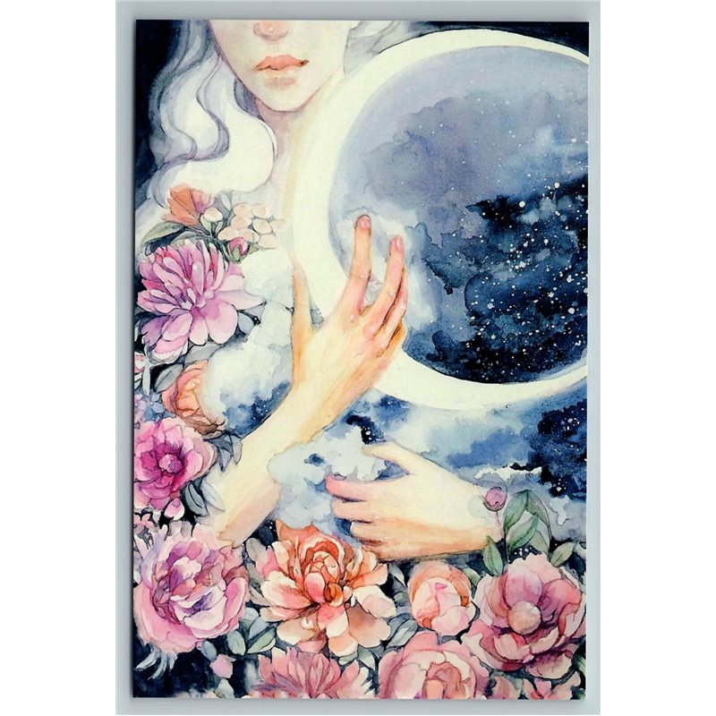 WOMAN catch Hald Moon Starry Sky Fantasy Flowers Moonlight Russian New Postcard