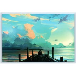 COUPLE on Pier River Sunset SKY WHALE Dreamers Fantasy New Unposted Postcard