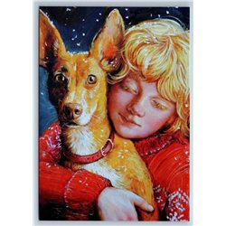 RED HAIRED LITTLE BOY hug DOG Best Friends by Simonova New Unposted Postcard