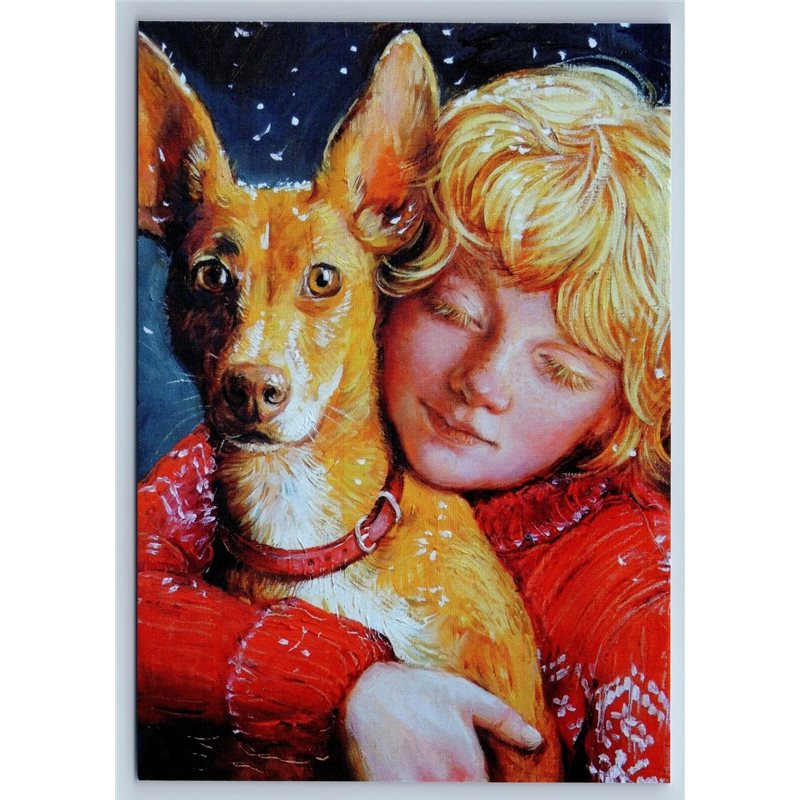 RED HAIRED LITTLE BOY hug DOG Best Friends by Simonova New Unposted Postcard