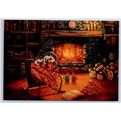 HEDGEHOGS near Fireplace BOOKS Library Tea Party New Unposted Postcard
