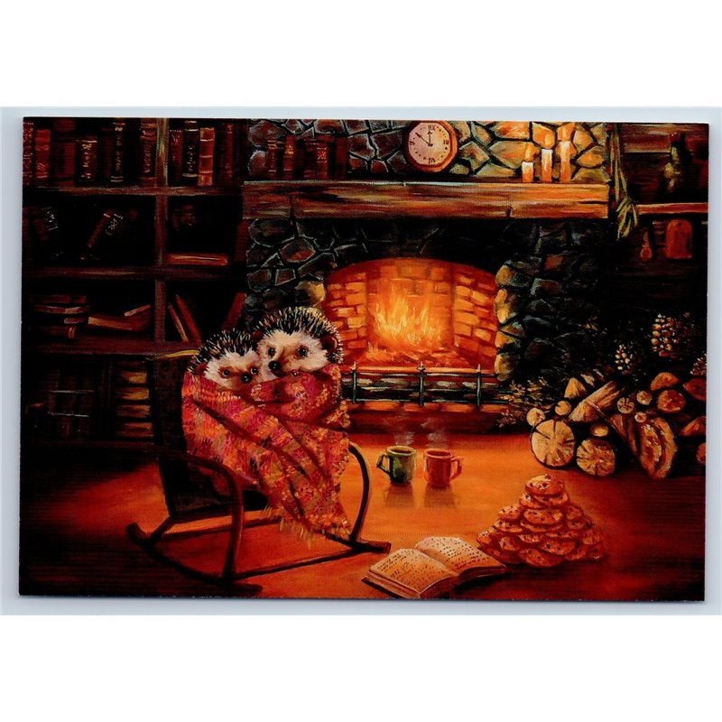 HEDGEHOGS near Fireplace BOOKS Library Tea Party New Unposted Postcard