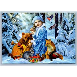 SNOW MAIDEN with RED FOX Bear Bullfinches Squirrels in Snow Forest New Postcard