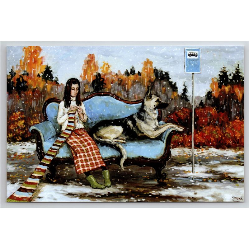 GIRL knitting Scarf with GERMAN SHEPHERD Dog BUS Stop Fantasy New Postcard