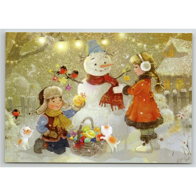 LITTLE GIRL BOY decorate Snowman Cats Bullfinches Peasant by Babok New Postcard