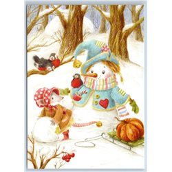 FUNNY MOUSE Mice n SNOWMAN Bullfinches Snow Winter Forest New Unposted Postcard