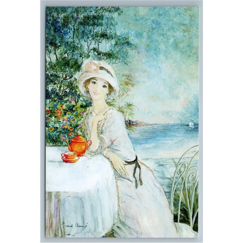 PRETTY WOMAN Tea Party Time Saint Tropez Sea White Dress Russian New Postcard