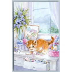 CUTE GINGER CAT Kitten play in SEW Workshop Sewing threads Russian New Postcard