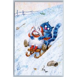 BLUE n WHITE CATS sledding Snow Winter Funny by Zeniuk Russian New Postcard