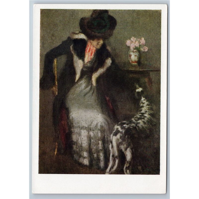 1965 WOMAN LADY w/ Hunting Dog Hat Coat  post-impressionist Soviet USSR Postcard