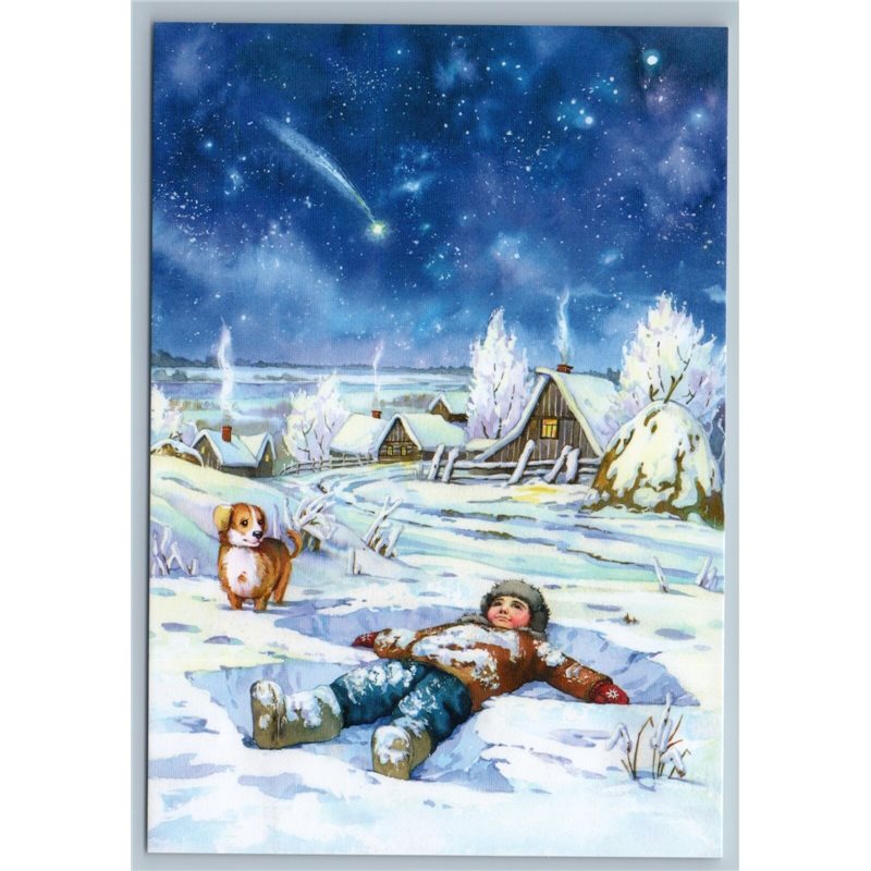 LITTLE BOY Snow Winter Peasant Dreams of flying Gagarin Russian New Postcard