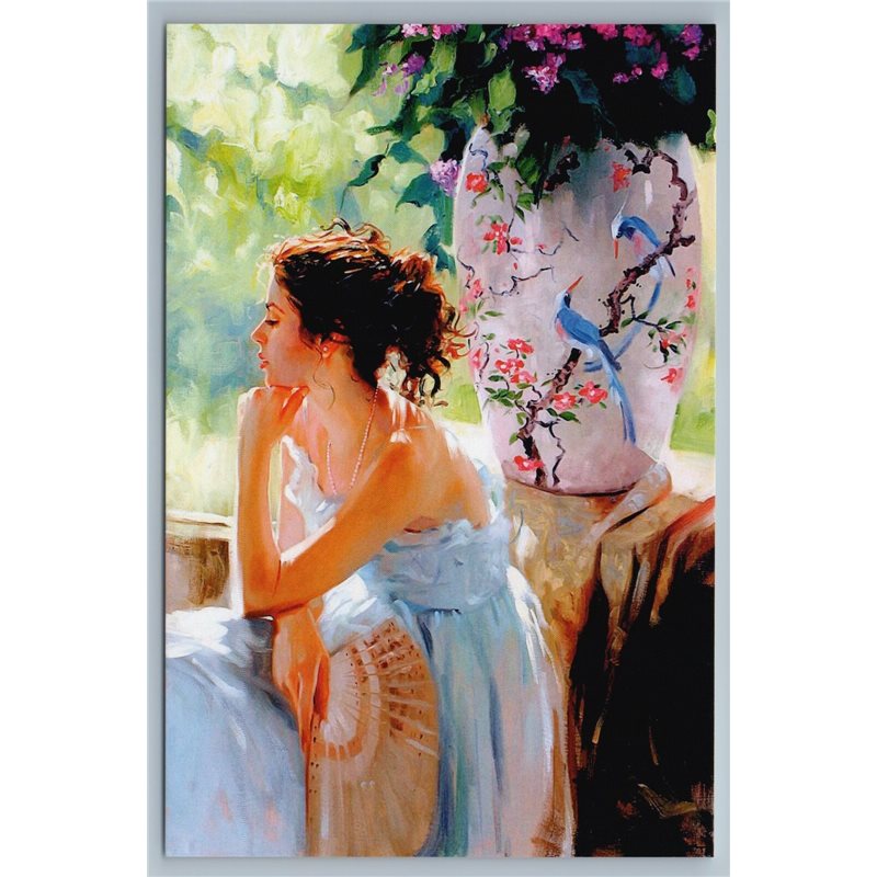 PRETTY WOMAN w/ Fun Summer Garden Porcelain Vase Bluebird Russian New Postcard